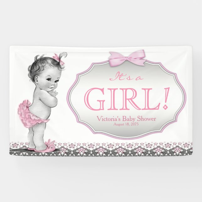 Girls Pink Grey Lace Bow Baby Shower Banner (Horizontal)