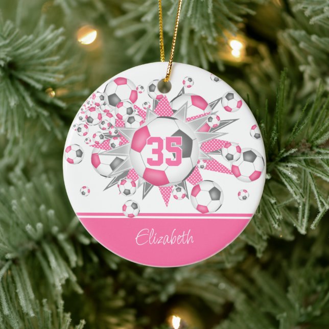Girls pink grey personalised soccer balls stars ceramic tree decoration (Tree)