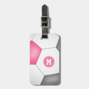 girls pink grey white soccer monogrammed luggage tag