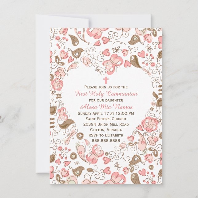 Girl's Pink Heart Floral First Communion Invitation (Front)