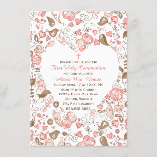 Girl's Pink Heart Floral First Communion Invitation