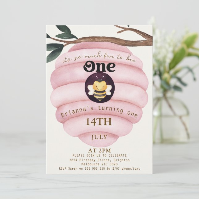Girls Pink Hive Bee Themed 1st Birthday Invitation (Standing Front)