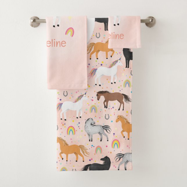 Girls Pink Horse Unicorn Rainbow Kids Monogram Bath Towel Set (Insitu)