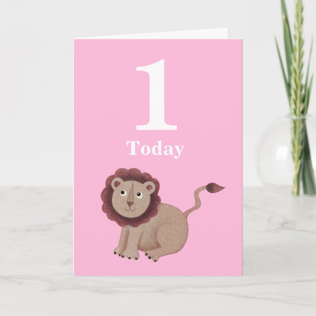 Girls Pink Ist Birthday Jungle Animal Card (Front)