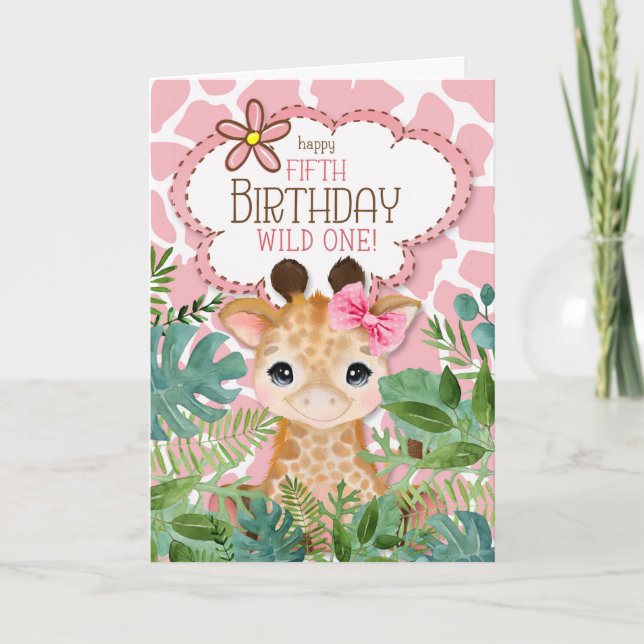 Girl's Pink Jungle Giraffe Theme 5th Birthday Card (Front)