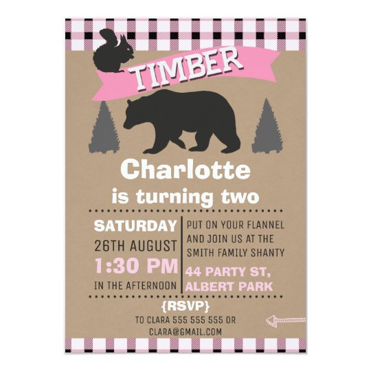 Girls Pink Lumberjack Birthday Invitation