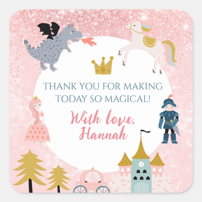 Girls Pink Magical Princess Birthday Thank You Square Sticker (Front)