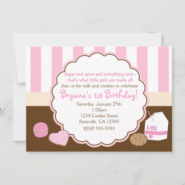 Girls Pink Milk Cookies Birthday Party Invitations (Front)