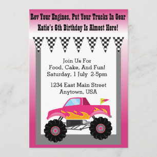 Girls Pink Monster Truck Party Invitation