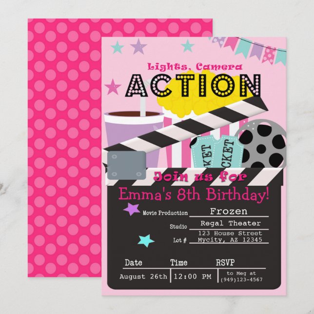 Girl's Pink Movie Theatre Party Birthday Invitation (Front/Back)