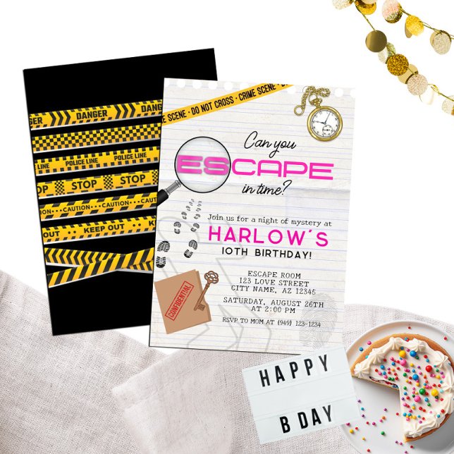 Girl's Pink Mystery Escape Room Birthday Invitation (Creator Uploaded)