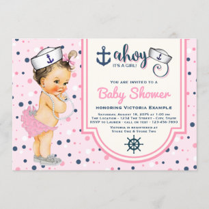Girls Pink Navy Blue Nautical Baby Shower Invitation