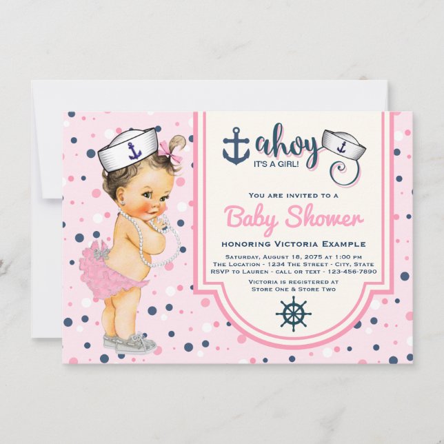 Girls Pink Navy Blue Nautical Baby Shower Invitation (Front)