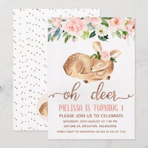 Girls Pink Oh Deer Birthday Party Invitation