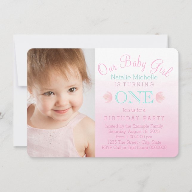 Girls Pink Ombre First Birthday Party Invitation (Front)