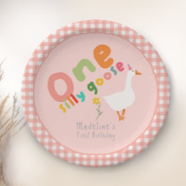 Girls Pink One Silly Goose First Birthday Paper Plate