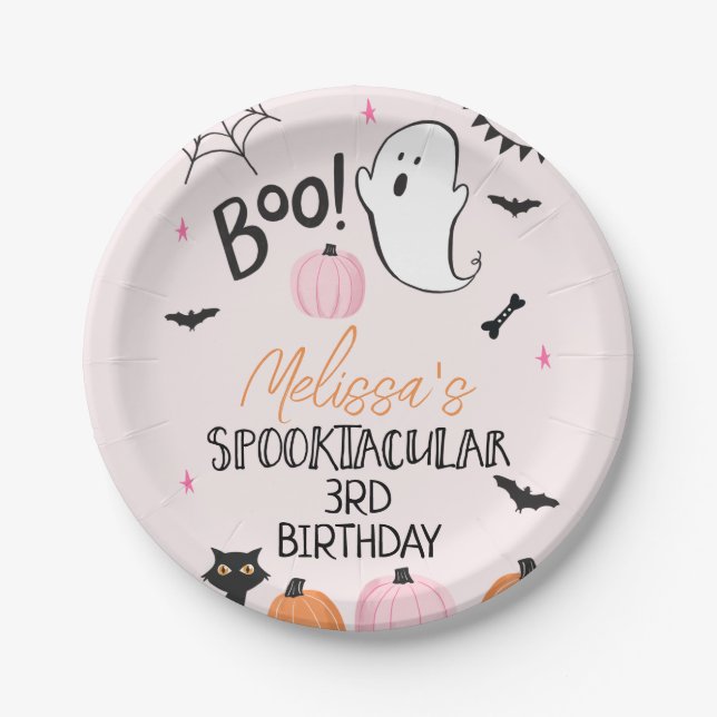 Girls Pink Orange Black Boo Halloween Birthday  Paper Plate (Front)