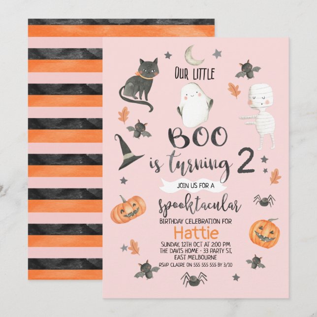 Girls Pink Orange Gray Halloween Birthday Invitation (Front/Back)