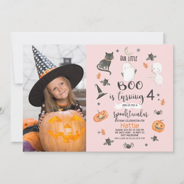 Girls Pink Orange Gray Photo Halloween Birthday  Invitation (Front)