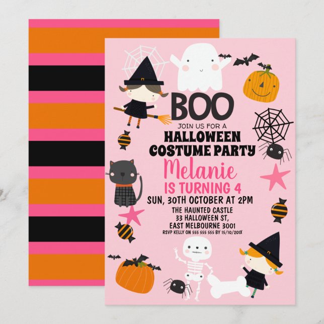 Girls Pink Orange Halloween Birthday Invitation (Front/Back)