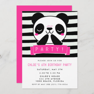 Girl's Pink Panda 6th Birthday Party Invitation
