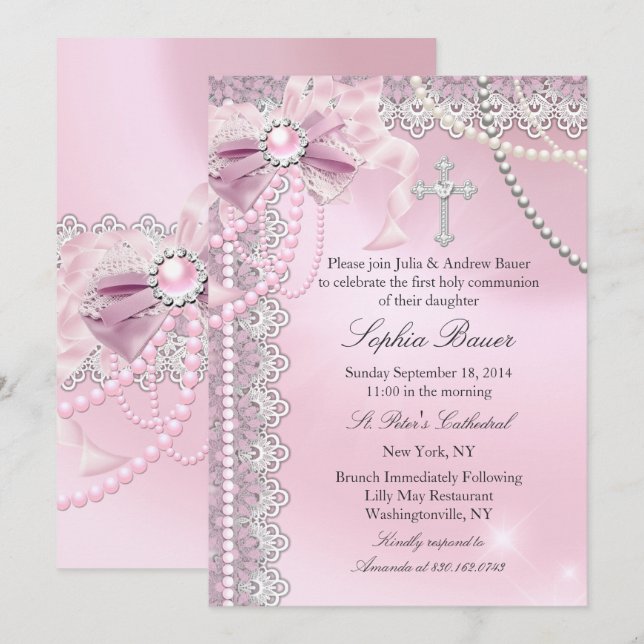 Girls Pink Pearl Bow Cross Holy Communion Invitation (Front/Back)