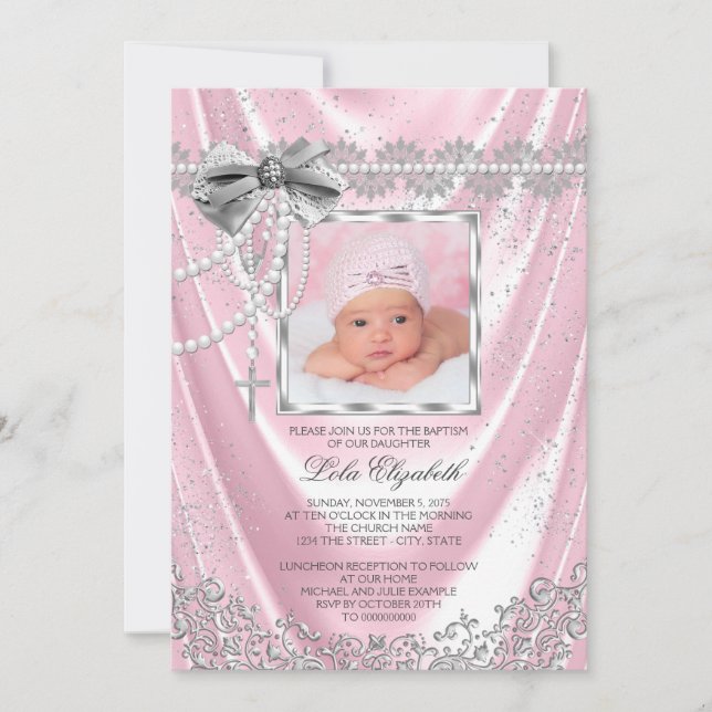 Girls Pink Photo Baptism Christening Satin Glitter Invitation (Front)