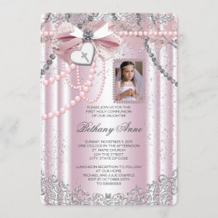 Girls Pink Photo First Communion Invitation
