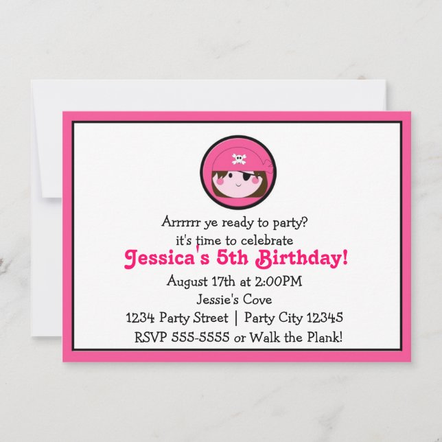 Girls Pink Pirate Brown Hair Birthday Invitation (Front)