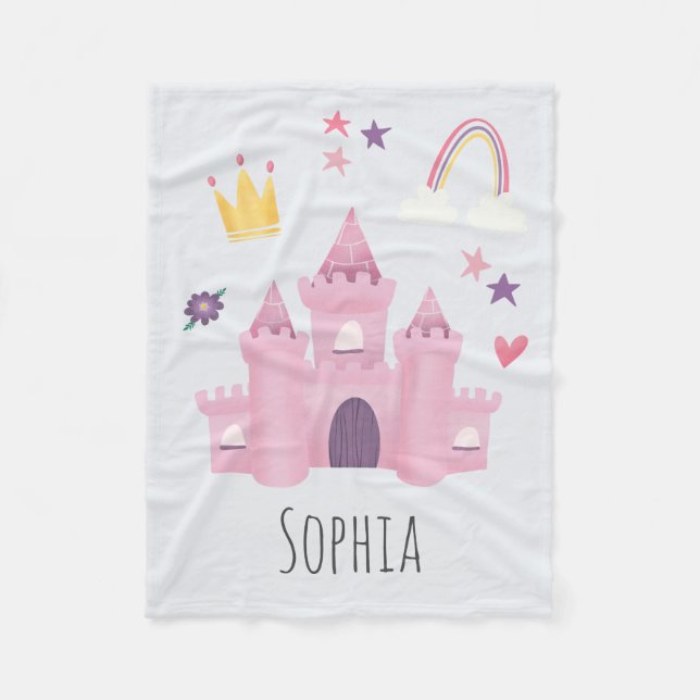 Girls Pink Princess Castle, Rainbow and Crown Fleece Blanket (Front)