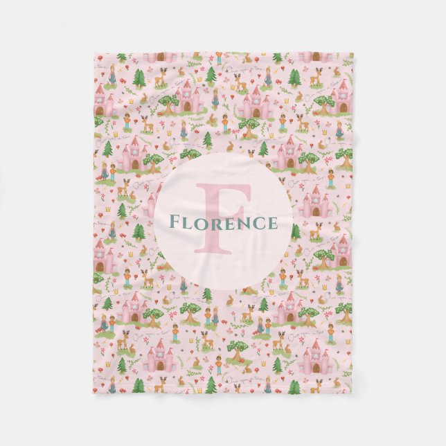 Girls Pink Princess Fairytale Story Kids Monogram Fleece Blanket (Front)