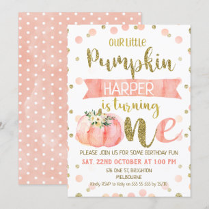 Girls Pink Pumpkin First Birthday Invitation