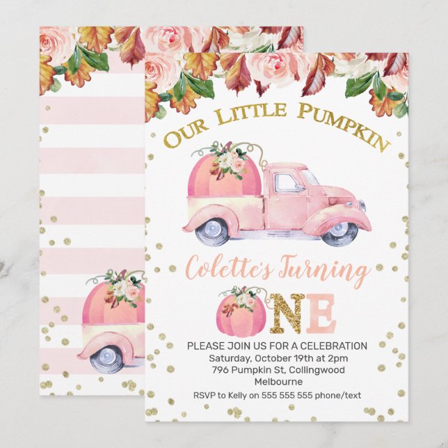 Girls Pink Pumpkin Truck 1st Birthday Invitation (Front/Back)