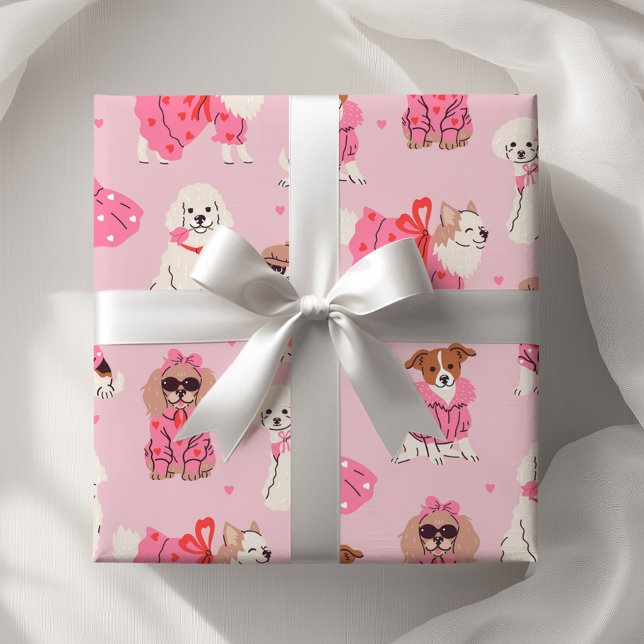 Girls Pink Puppy Pawty Birthday  Wrapping Paper (Creator Uploaded)