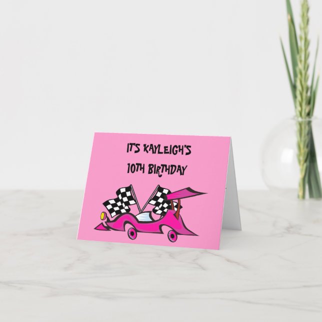 Girls Pink Racecar Birthday Invitations (Front)
