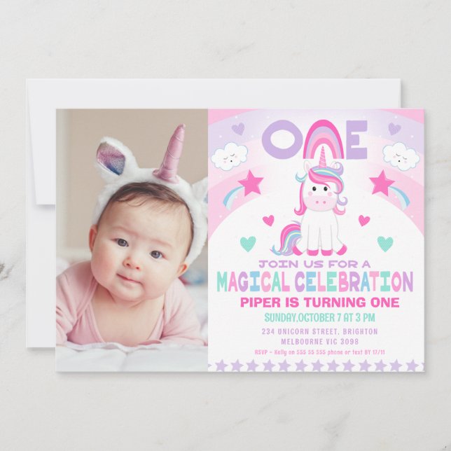 Girls Pink Rainbow Magical Unicorn 1st Birthday  Invitation (Front)
