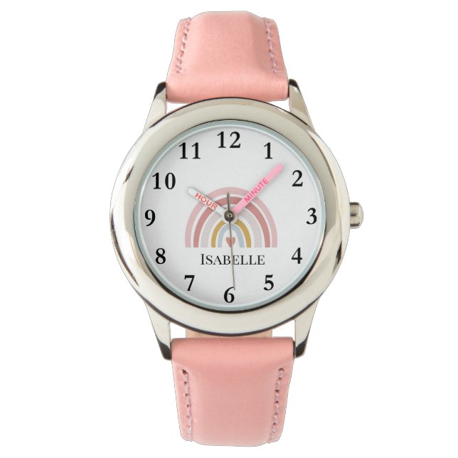 Girls Pink Rainbow Pastel Heart Name Boho Watch (Front)