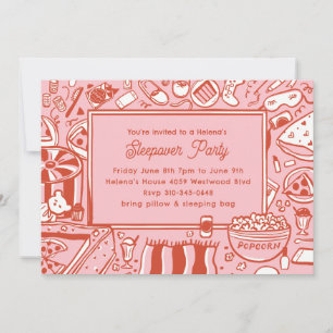 Girls Pink Red Sleepover Birthday Party Invitation