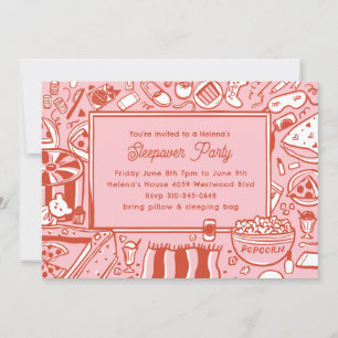 Girls Pink Red Sleepover Birthday Party Invitation