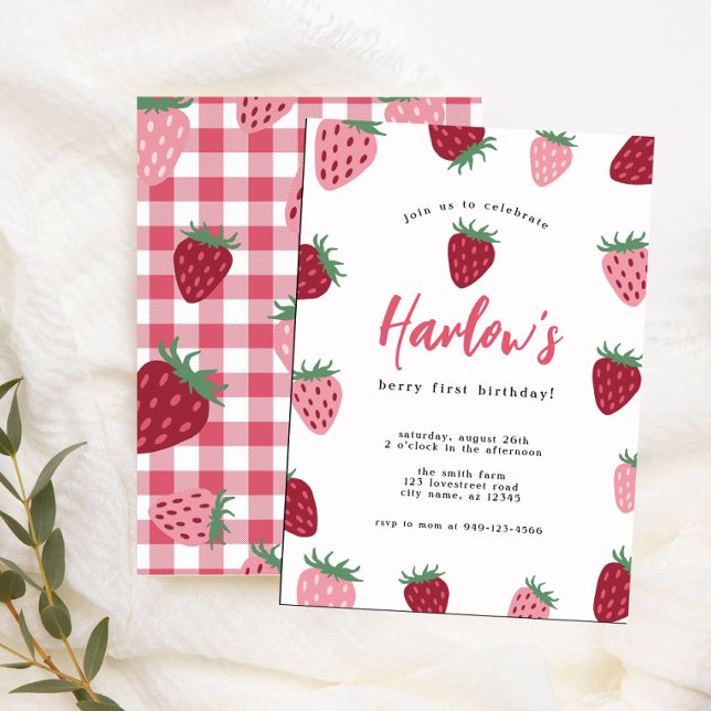 Girl's Pink & Red Strawberry Berry first Birthday  Invitation (Creator Uploaded)