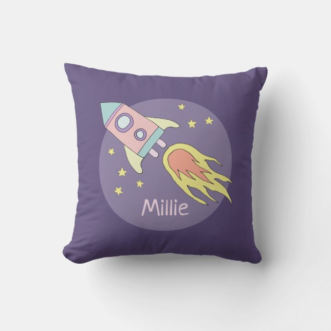 Girl's Pink Rocket Ship Space and Name Kids Cushion (Front)