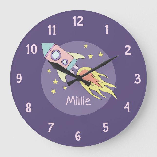 Girl's Pink Rocket Ship Space and Name Nursery Large Clock (Front)