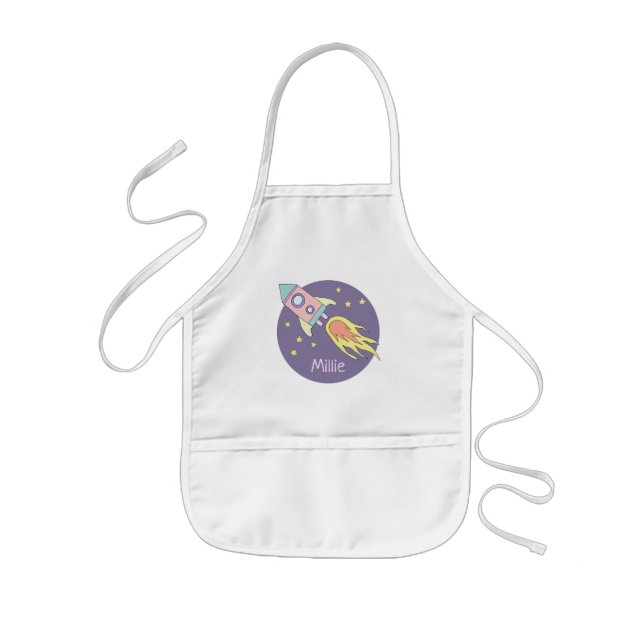 Girl's Pink Rocket Ship Space Galaxy and Name Kids Apron (Front)