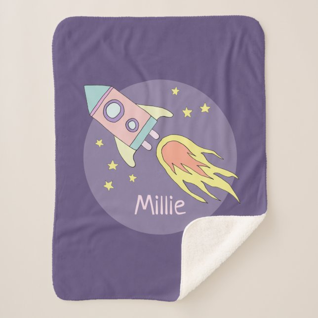 Girl's Pink Rocket Ship Space Galaxy and Name Sherpa Blanket (Front)