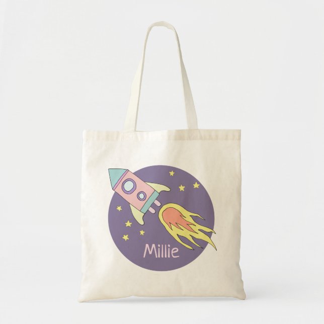 Girl's Pink Rocket Ship Space Galaxy and Name Tote Bag (Front)