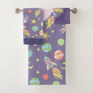 Girl's Pink Rocket Ship Space Pattern and Name Bath Towel Set