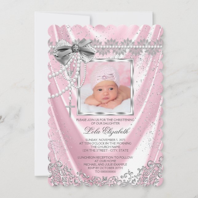 Girls Pink Satin Photo Baptism Christening Invitation (Front)