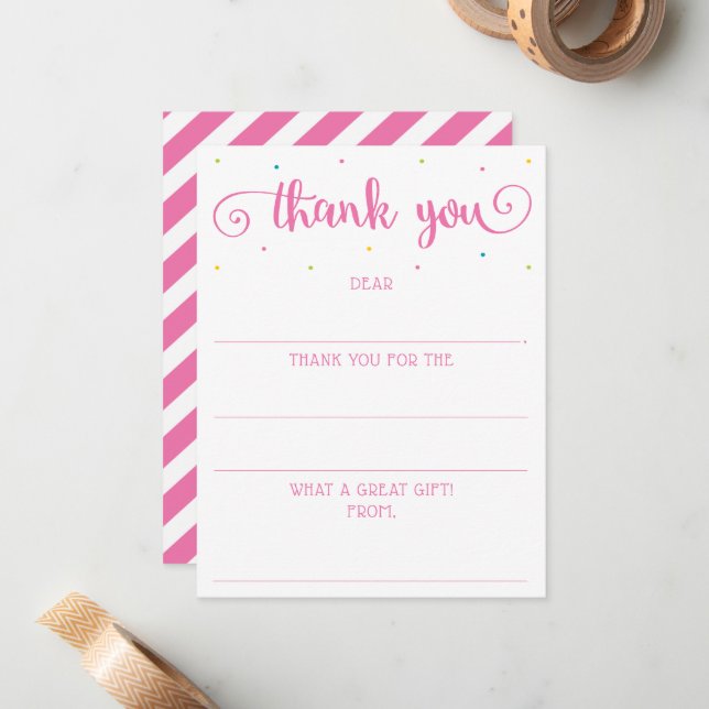 Girls Pink Script Fill In The Blank Thank You Card (Front/Back In Situ)