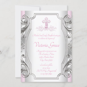 Girls Pink Silver Cross Girl Baptism Christening Invitation