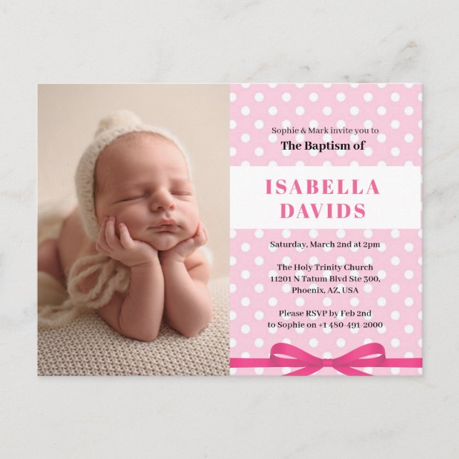 Girls pink simple elegant baptism invitation (Front)